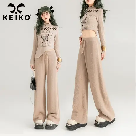 KEIKO 仿水貂绒针织休闲裤女2024早春弹力松紧腰直筒显瘦阔腿长裤商品大图
