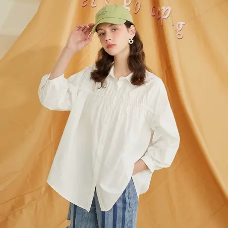 a02【100%棉】春秋款清减龄日常百搭款七分袖抽褶设计女式衬衫商品大图