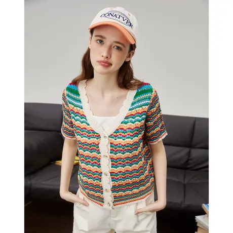 a022024春季新款个性彩色撞色设计短袖上衣休闲百搭女式针织衫图片