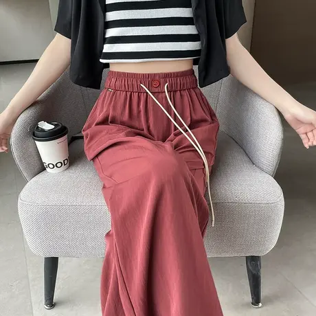 直筒阔腿休闲裤女春夏新款2024新款高腰垂感显瘦薄款松紧腰拖地裤商品大图