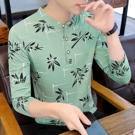 秋季新款印花潮牌长袖T恤男港风ins潮流纯棉麻立领体恤打底衫上衣商品大图