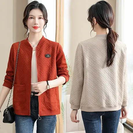 妈妈春装休闲宽松短外套压花立领洋气中老年春秋新款减龄开衫上衣图片