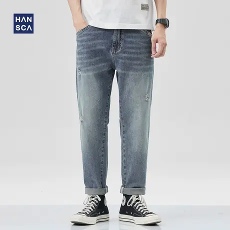 hansca破洞牛仔裤男美式复古春季宽松直筒潮流百搭浅色锥形长裤子商品大图