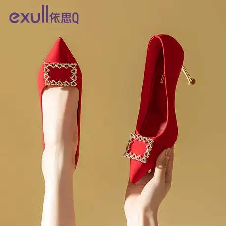 依思q红色浅口细跟高跟鞋2023春秋季蝴蝶结伴娘婚礼增高轻便女鞋图片