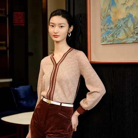 EP雅莹高端系列 优雅V领撞色拼接灯笼袖针织衫 2023新款9505A商品大图