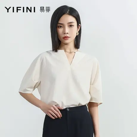 Yifini/易菲小V领中袖五分袖宽松小衫女2023夏季新款百搭套头衬衫商品大图