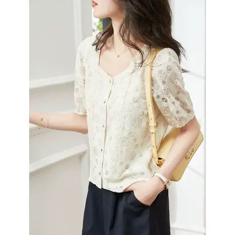 时尚气质短袖衬衫2023年夏季新款淑女温柔方领宽松显瘦通勤上衣商品大图