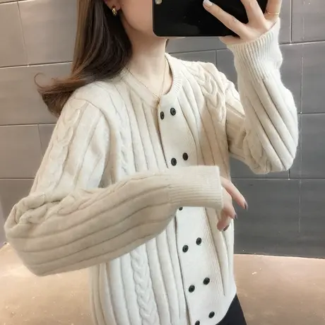 圆领双排扣麻花针织开衫女2023春季新款时尚休闲外穿软糯毛衣外套商品大图
