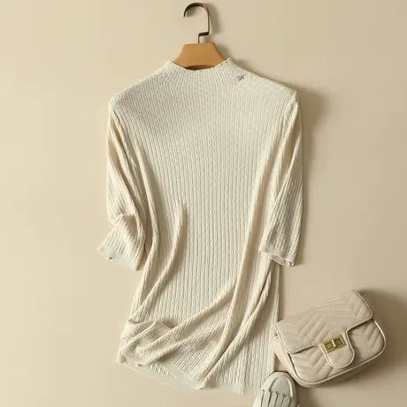 五分袖打底衫女春装时尚洋气内搭半高领修身气质中袖毛衣针织上衣图片