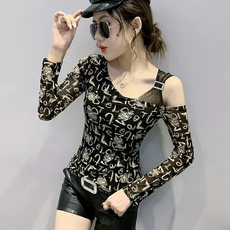 2023春秋新款性感露肩T恤女长袖欧货洋气上衣修身外穿内搭打底衫商品大图