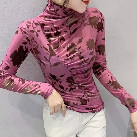 高领网纱打底衫女士春秋复古气质提花T恤长袖设计感褶皱显瘦上衣图片