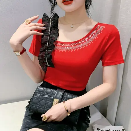 时尚荷叶边T恤女短袖2023夏季新款气质小衫重工烫钻上衣紧身半袖商品大图