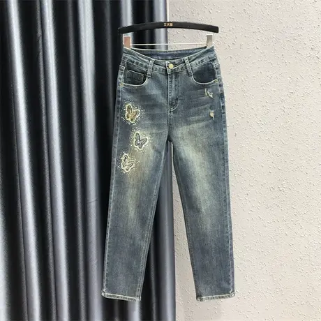 2023秋季新款重工烫钻设计感九分牛仔裤女高腰显瘦复古小脚哈伦裤商品大图