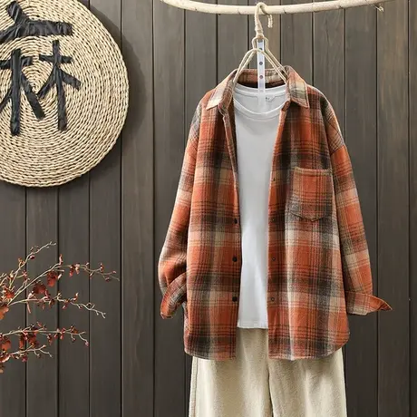 枫谜2021年秋冬新款文艺加绒格子衬衫女宽松休闲加厚呢子衬衣外套图片