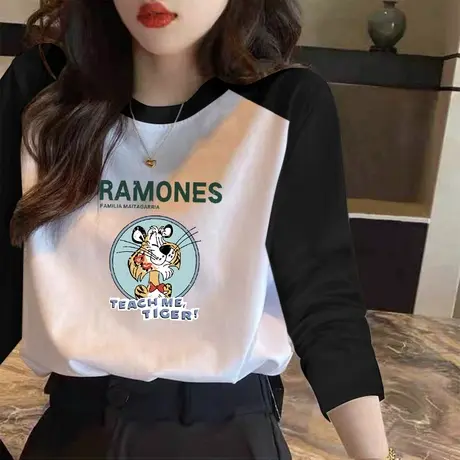 2022早秋新款可爱老虎学院风T恤女秋装休闲圆领宽松长袖打底上衣商品大图