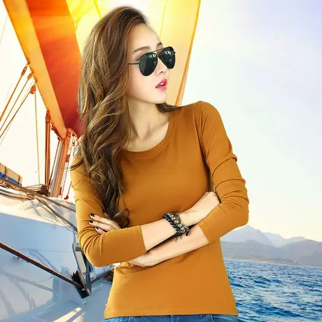 2023春秋新款纯色打底衫修身长袖t恤女内搭圆领薄款上衣紧身体恤商品大图