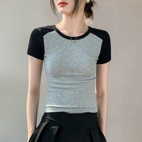 双色拼接圆领短袖T恤女2023春夏新款修身显瘦撞色设计感小众上衣商品大图
