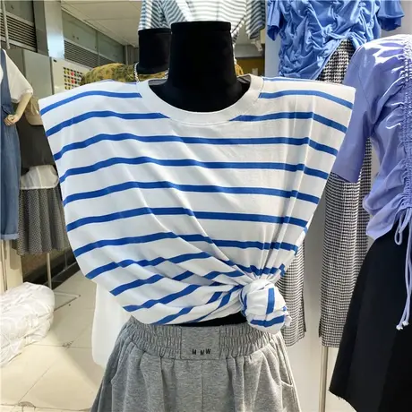 韩国东大门无袖t恤女夏2020新款条纹宽松百搭设计感垫肩背心上衣图片