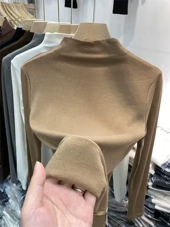 欧货内搭半高领打底衫坑条加薄绒T恤女2022秋冬新款修身显瘦上衣商品大图