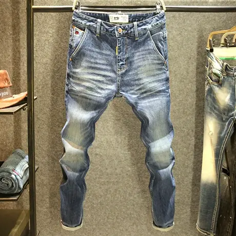 斜插口袋牛仔裤男高端水洗复古修身小直筒裤潮流时尚青年耐磨长裤商品大图