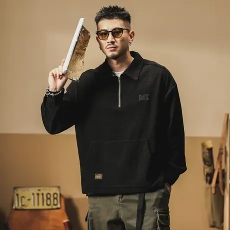 美式休闲复古POLO衫长袖宽松男装日系翻领潮流纯色大码男士青春商品大图