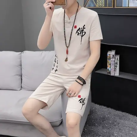 夏季短袖T恤男士宽松棉麻韩版绣花半袖套装夏天一套衣服潮流体恤商品大图