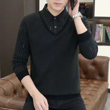 春秋季加绒保暖潮流休闲针织衬衫冬装外套假两件条纹毛衣男长袖图片