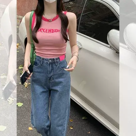撞色短款小吊带背心女2024夏季内搭修身外穿刺绣字母无袖打底上衣商品大图
