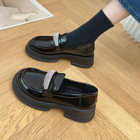 厚底乐福鞋女2024新款春秋水钻黑色小皮鞋一脚蹬玛丽珍单鞋子女鞋图片