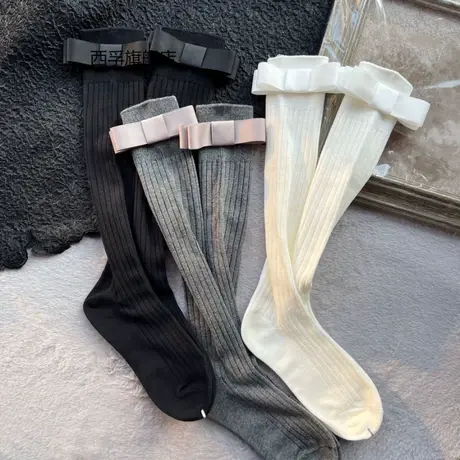 小腿袜灰色竖条纹显瘦百搭蝴蝶结走秀款中筒堆堆袜ins甜美日系女商品大图