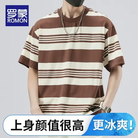 罗蒙短袖t恤男夏季薄款圆领简约男生潮牌休闲体恤男士条纹上衣服图片