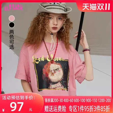 妖精的口袋印花短袖黑色短款t恤女2023春新款半袖宽松小个子上衣商品大图