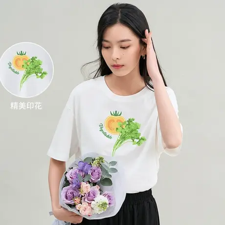 茵曼2023夏女装休闲短袖T恤圆领印花纯棉上衣图片