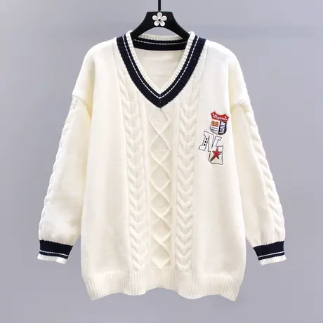 日系学院风刺绣V领毛衣女秋冬2023新款宽松慵懒高级感针织衫上衣商品大图