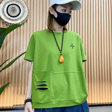 2023年夏季圆领短袖女简约文艺破洞贴布口袋T恤衫宽松休闲上衣潮商品大图