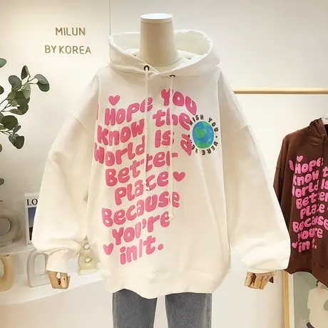 小众卫衣韩国东大门2021秋冬季款复古爱心字母连帽上衣毛圈棉大码商品大图