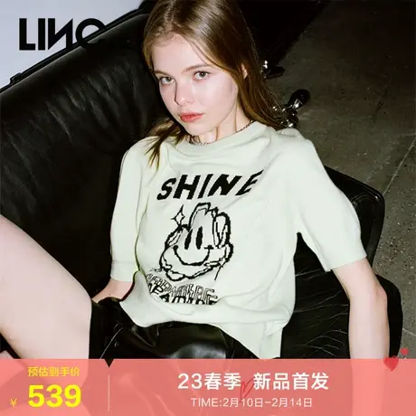 LINC金羽杰短袖针织衫女2023年秋季新款提花羊毛套头女士短款毛衣商品大图
