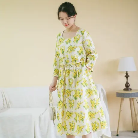 胖妹妹秋季2023新品棉质印花长袖连衣裙大码微胖文艺复古圆领长裙商品大图