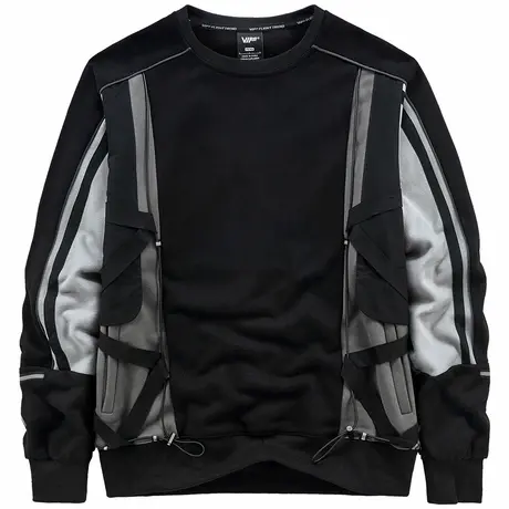 VIP机能风圆领卫衣男春秋宽松长袖t恤拼接撞色设计感小众上衣潮牌商品大图