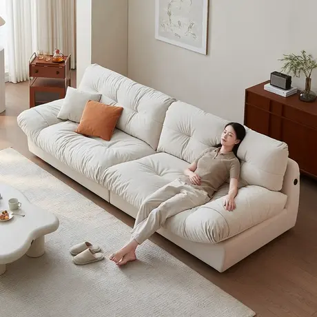 全友家居奶油风布艺沙发三人位云朵直排小户型猫抓绒布沙发商品大图