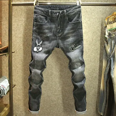 青春流行潮牌牛仔裤男秋冬款男士修身小脚裤水洗印花百搭休闲长裤图片