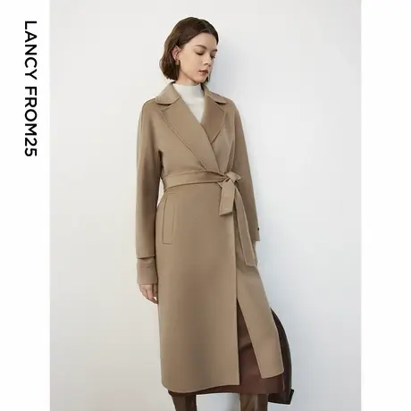 朗姿2024年冬新款女装简约洋气中长款水波纹羊毛双面毛呢外套大衣图片