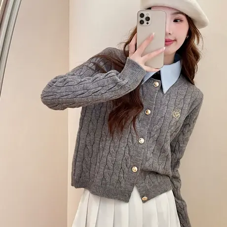 唐狮毛衣秋冬新款女针织开衫休闲圆领上衣慵懒风外套毛线衫商品大图