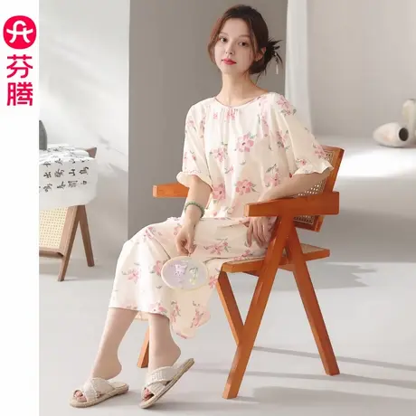 芬腾莱赛尔棉女士睡裙夏季薄款短袖睡衣女款休闲外穿家居服中长裙商品大图