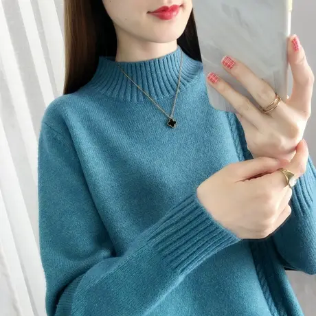 冬季打底半高领毛衣女2023新款时尚字母针织内搭加厚保暖套头宽松商品大图