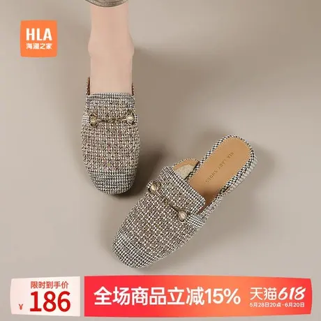 HLA/海澜之家穆勒鞋女2025新款千鸟格网面外穿凉拖平底包头半拖鞋商品大图