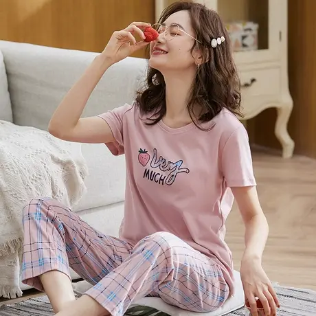 新一步纯棉睡衣女士2025年新款全棉夏季短袖长裤家居服套装可外穿商品大图