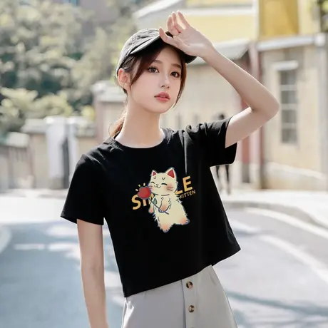 KWV真维斯黑色正肩短袖女士短袖t恤女2025新款独特漂亮初夏小上衣商品大图