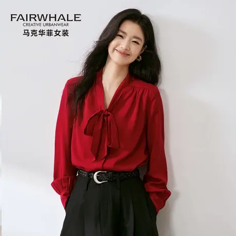 马克华菲设计感法式衬衫女2025新款秋季蝴蝶结飘带领缎面长袖衬衣图片