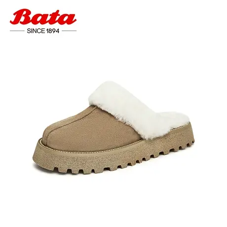 Bata包头毛毛拖鞋女2023秋新款慵懒外穿牛皮羊毛厚底拖鞋23819CT3图片